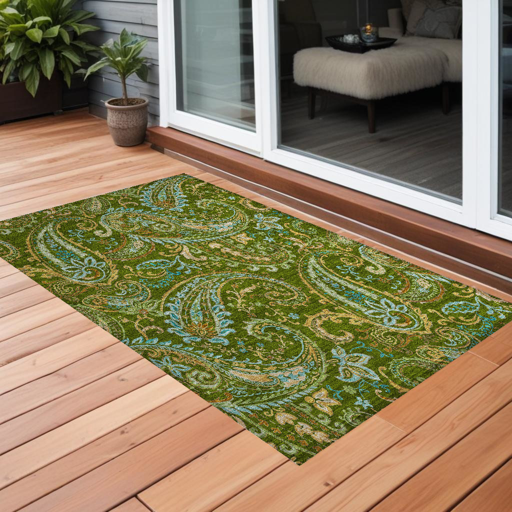 Green Paisley 3x5 ft. Washable Non-Skid Area Rug - Transitional Design