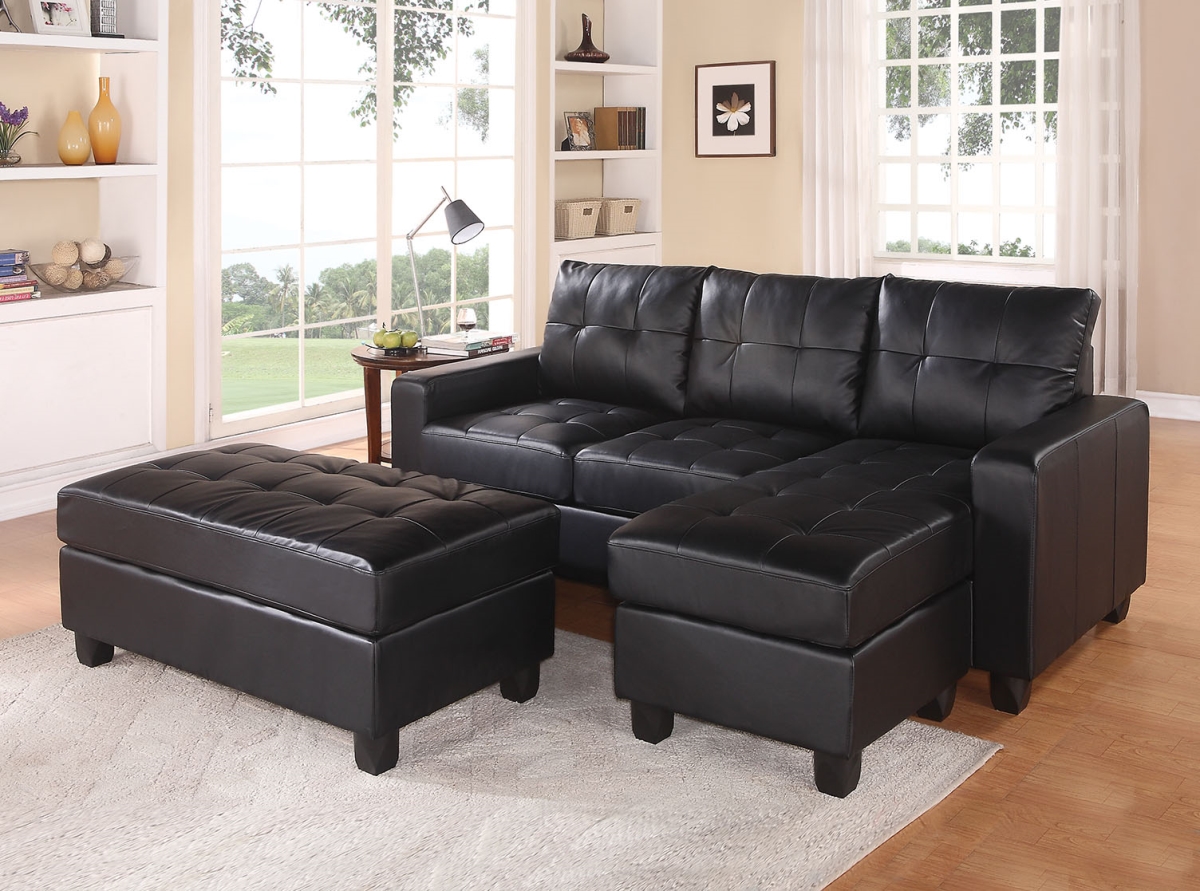 35 x 83 x 57 in. Sectional Sofa with Ottoman, Black Bonded Leather Match -  Made-to-Order, MA3098101