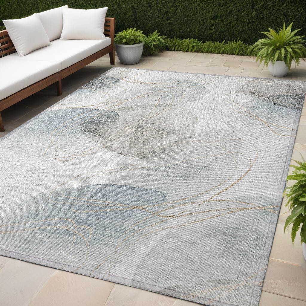 Abstract Washable Area Rug - Ivory Blue & Gray - 5 x 8 ft - Stain Resistant