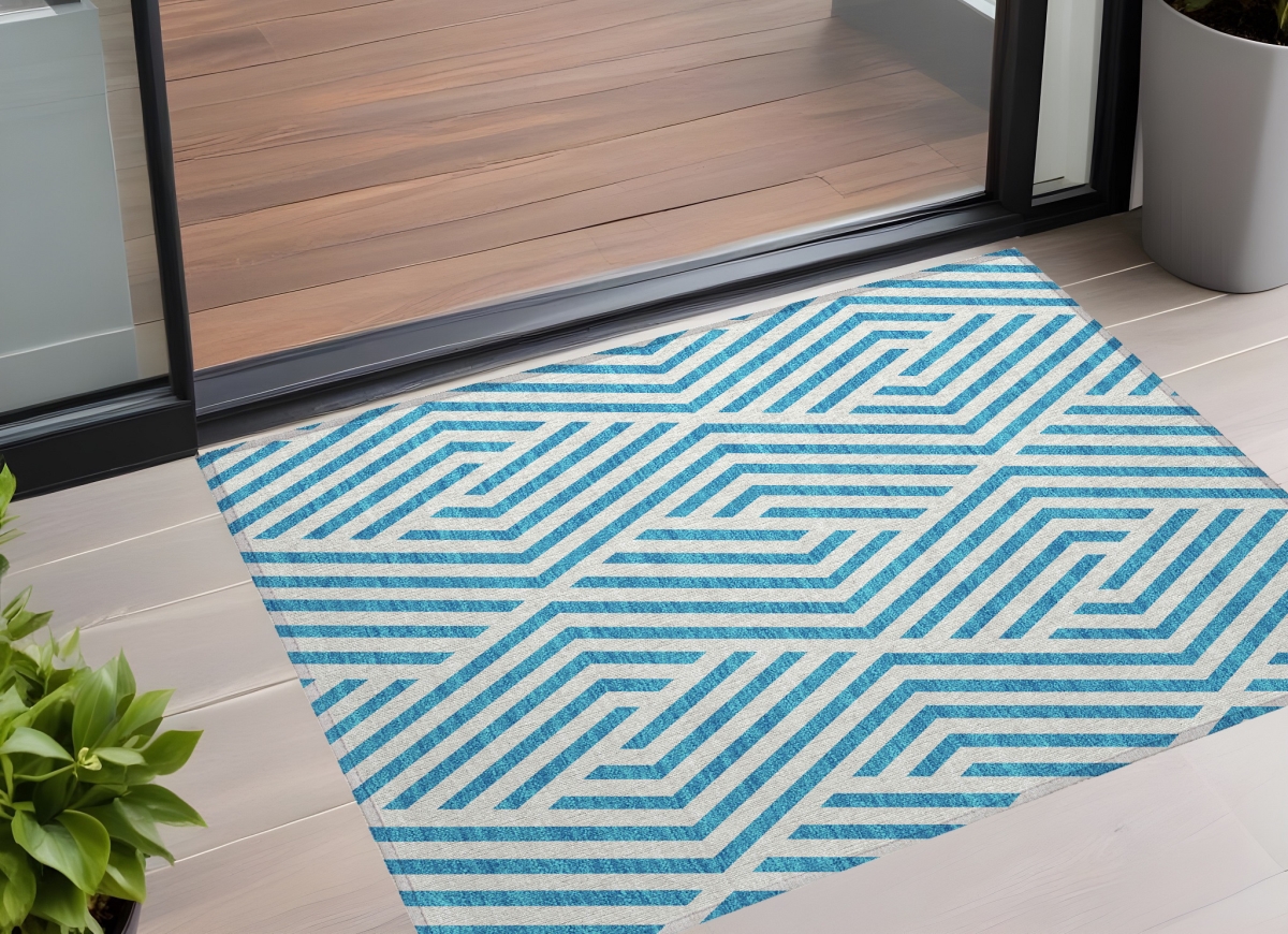 Teal & White Geometric Area Rug - 3 x 5 ft - Washable & Stain Resistant