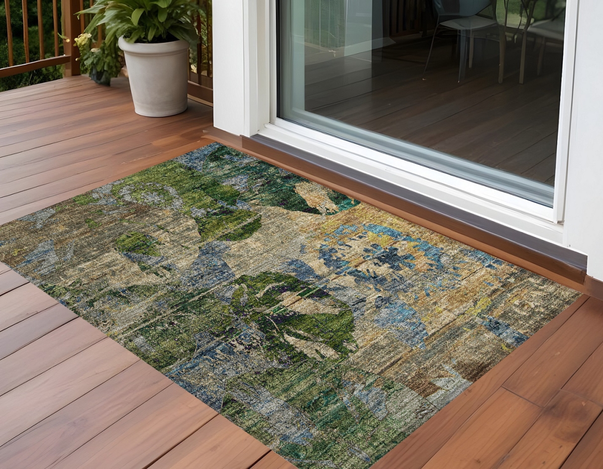 562788 3 x 5 ft. Taupe Blue & Green Floral Washable Non Skid Indoor Outdoor Rectangle Machine Woven Area Rug