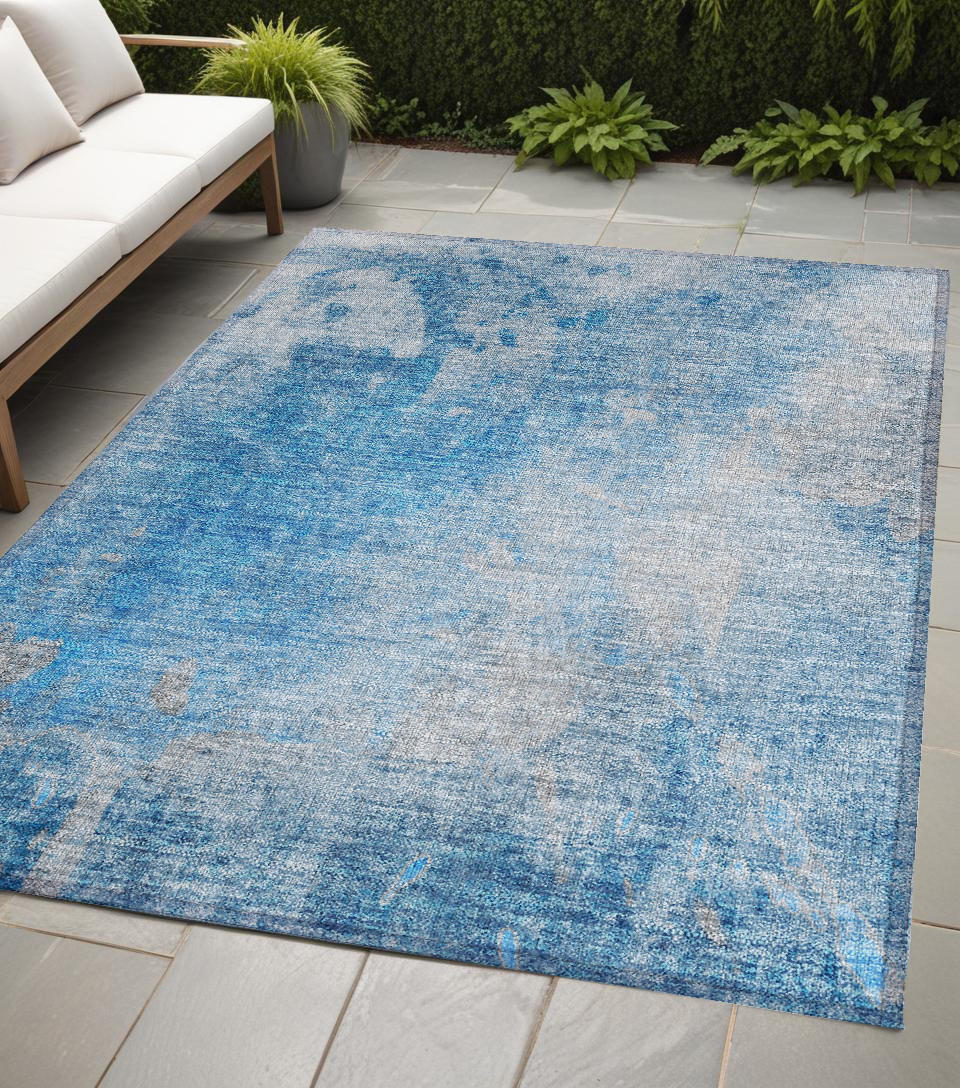 Blue & Gray Abstract Washable Area Rug - 5 x 8 ft - Non-Skid - Stain Resistant