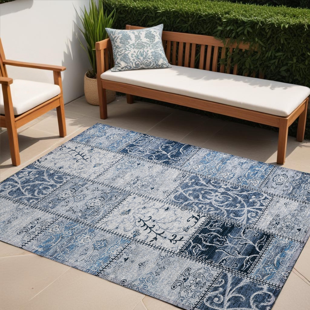 563542 5 x 8 ft. Denim Blue Patchwork Washable Non Skid Indoor Outdoor Rectangle Machine Woven Area Rug