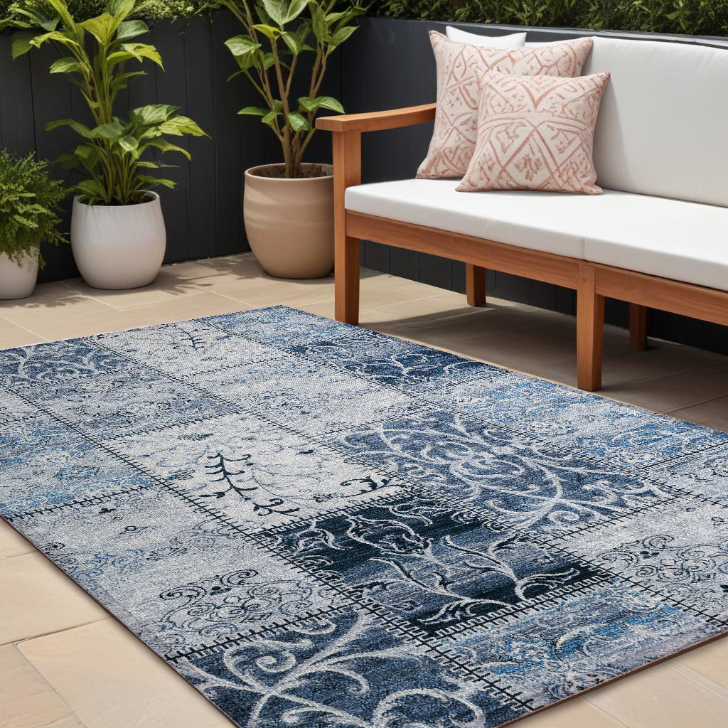 563544 8 x 10 ft. Denim Blue Patchwork Washable Non Skid Indoor Outdoor Rectangle Machine Woven Area Rug