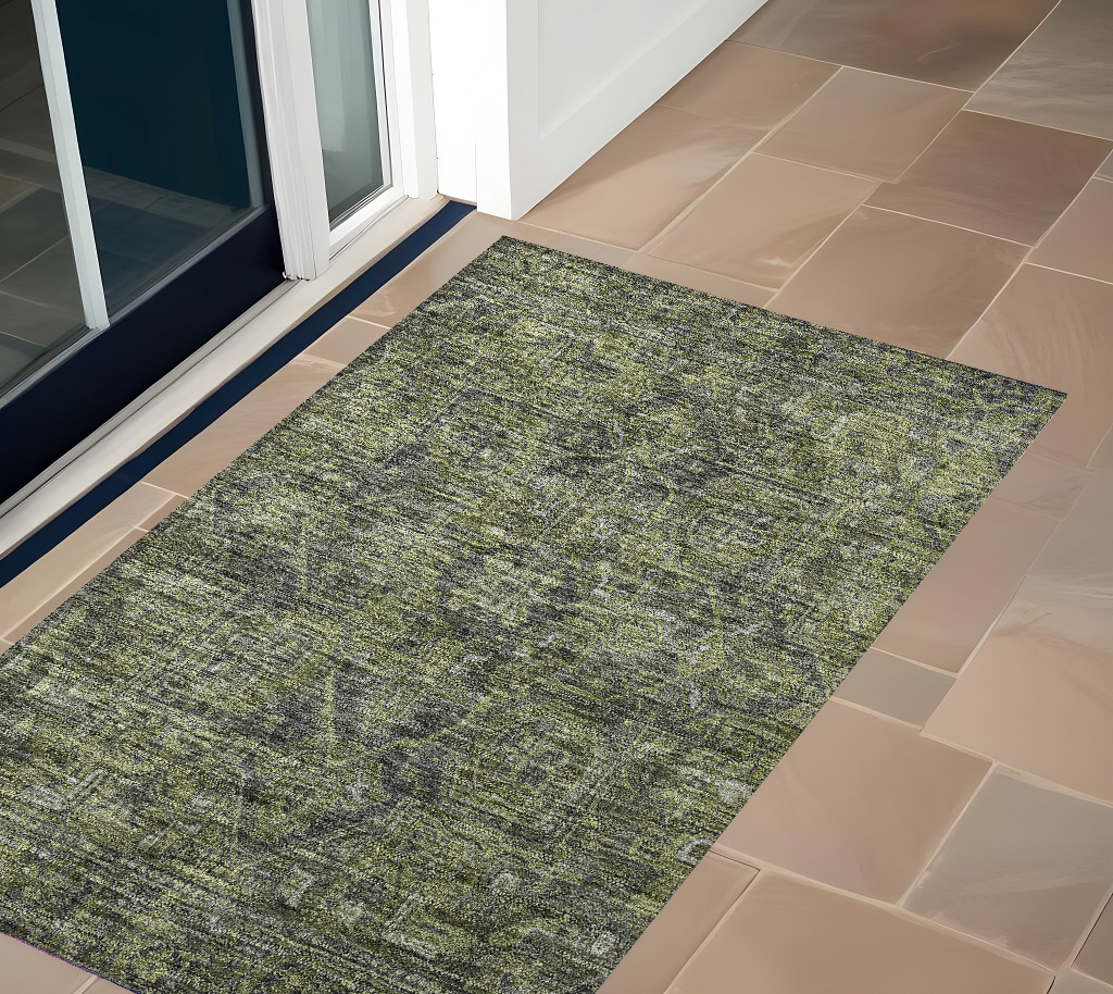 Moss Green & Gray Oriental Area Rug - 2 x 3 ft. - Washable & Non-Skid