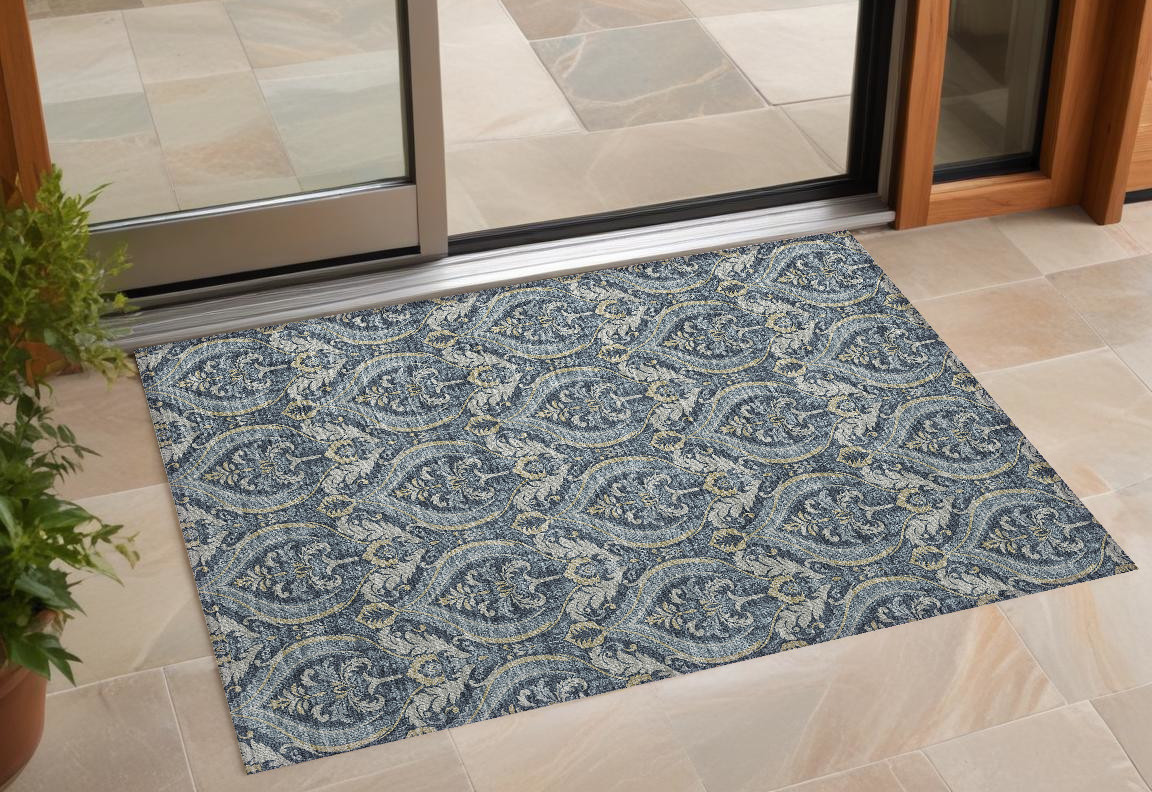 Blue & Cream Damask Area Rug - 2 x 3 ft - Washable & Non-Skid