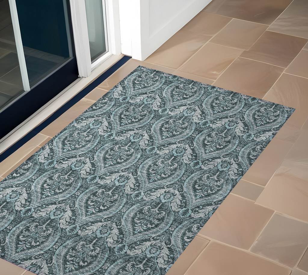 Teal Damask Washable Non-Skid Area Rug - 2 x 3 ft - Stain Resistant