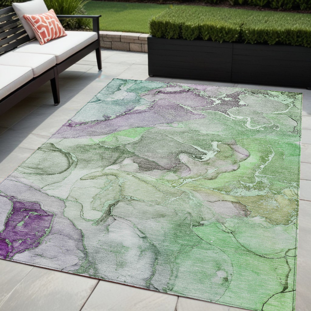 Green Abstract Washable Area Rug - 5 x 8 ft - Stain Resistant - Non-Skid