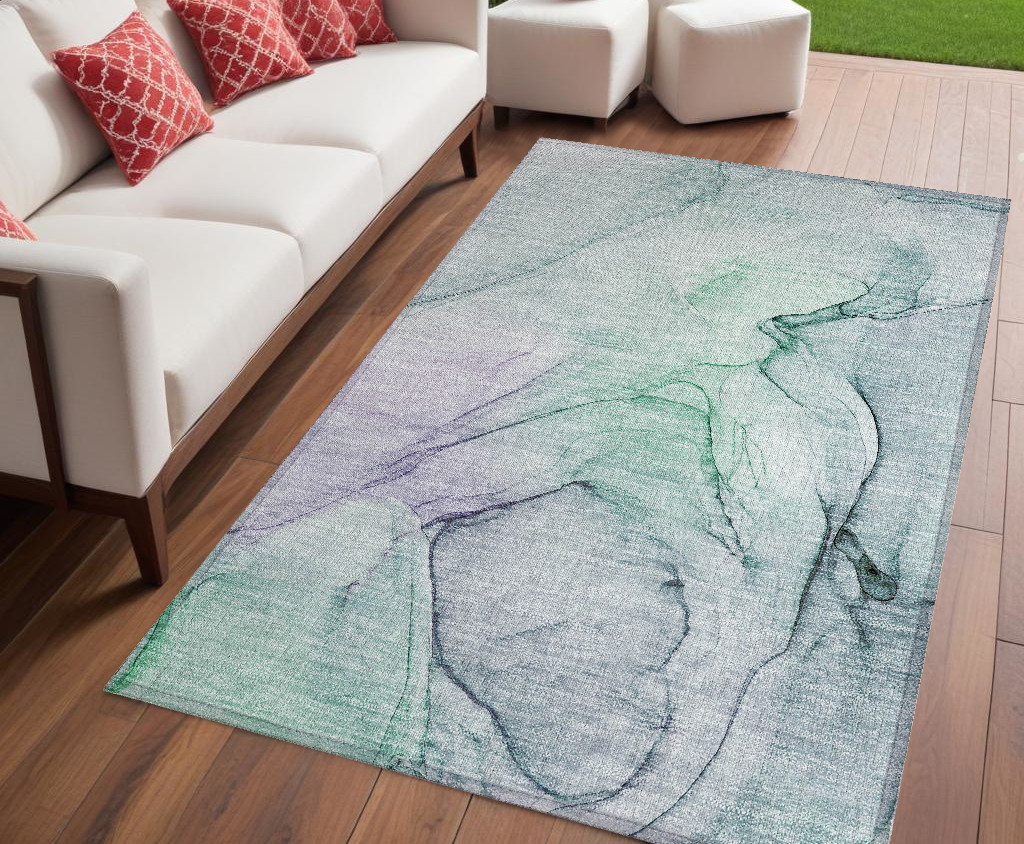 Abstract Blue & Gray Washable Area Rug - 5 x 8 ft - Non-Skid - Stain Resistant