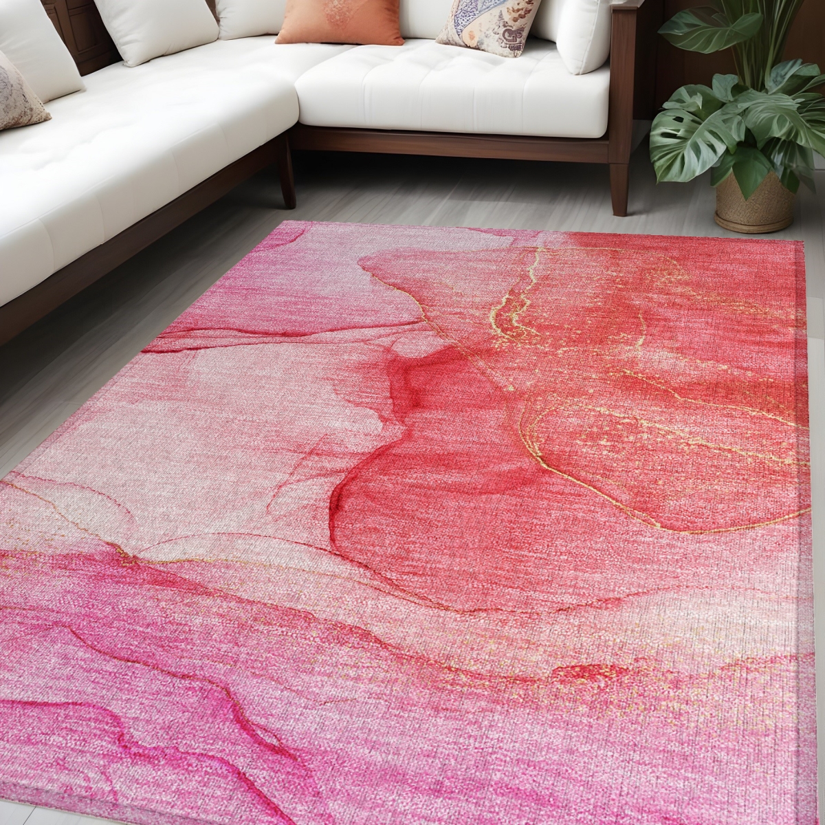 559761 5 x 8 ft. Pink Abstract Washable Non Skid Indoor Outdoor Rectangle Machine Woven Area Rug