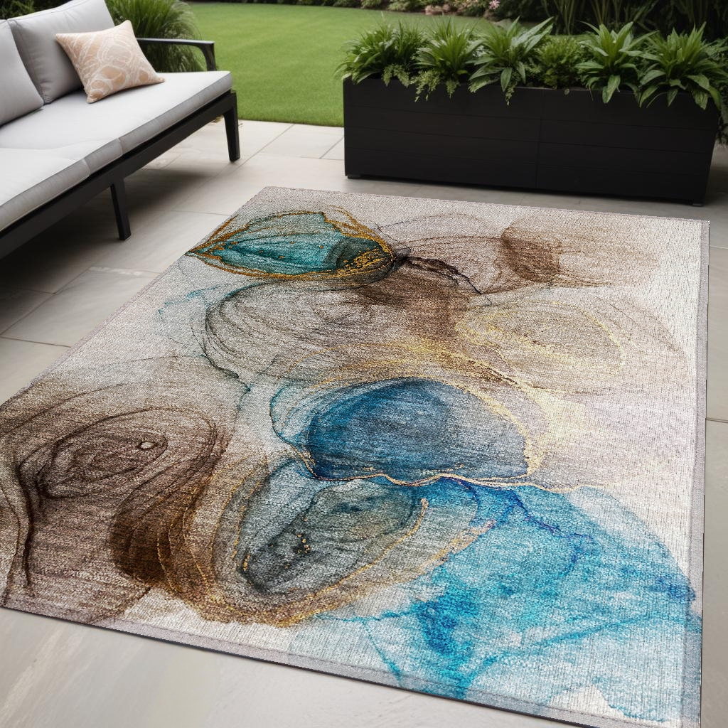 Beige Abstract Washable Area Rug - 5 x 8 ft - Non-Skid - Stain Resistant