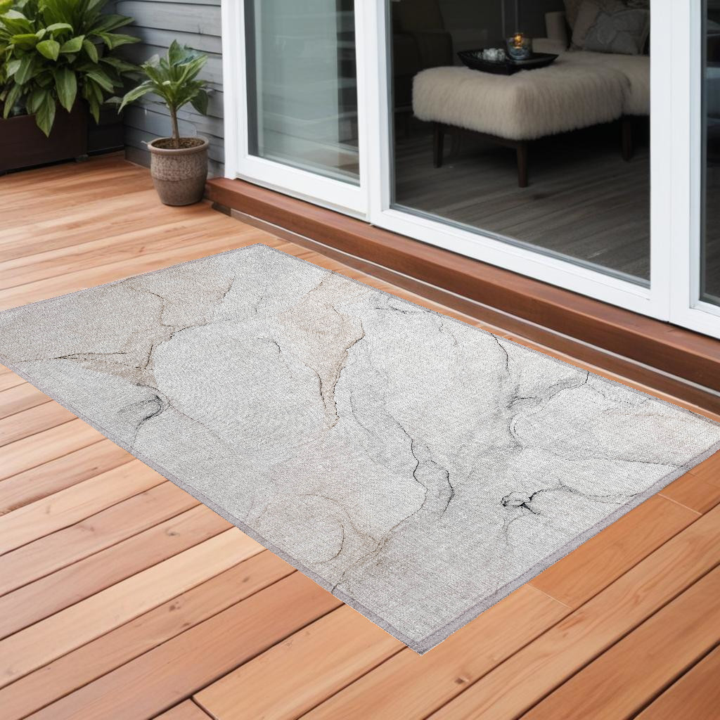 Abstract Washable Area Rug - Beige Ivory & Gray - 3 x 5 ft - Stain Resistant