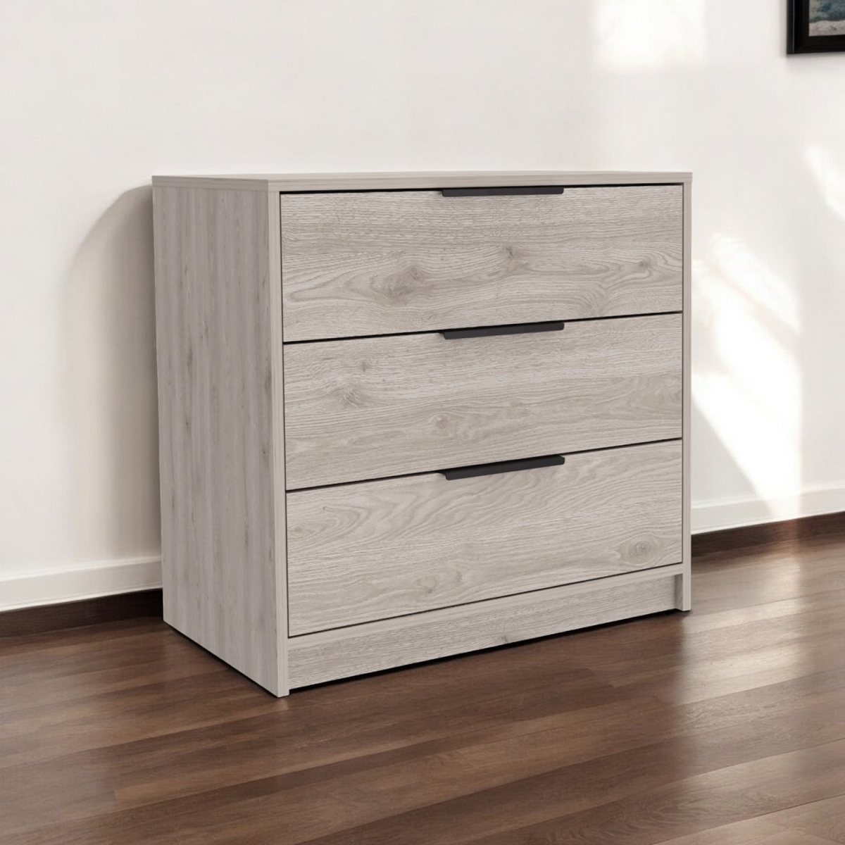 544004 28 in. Light Gray Three Drawer Dresser