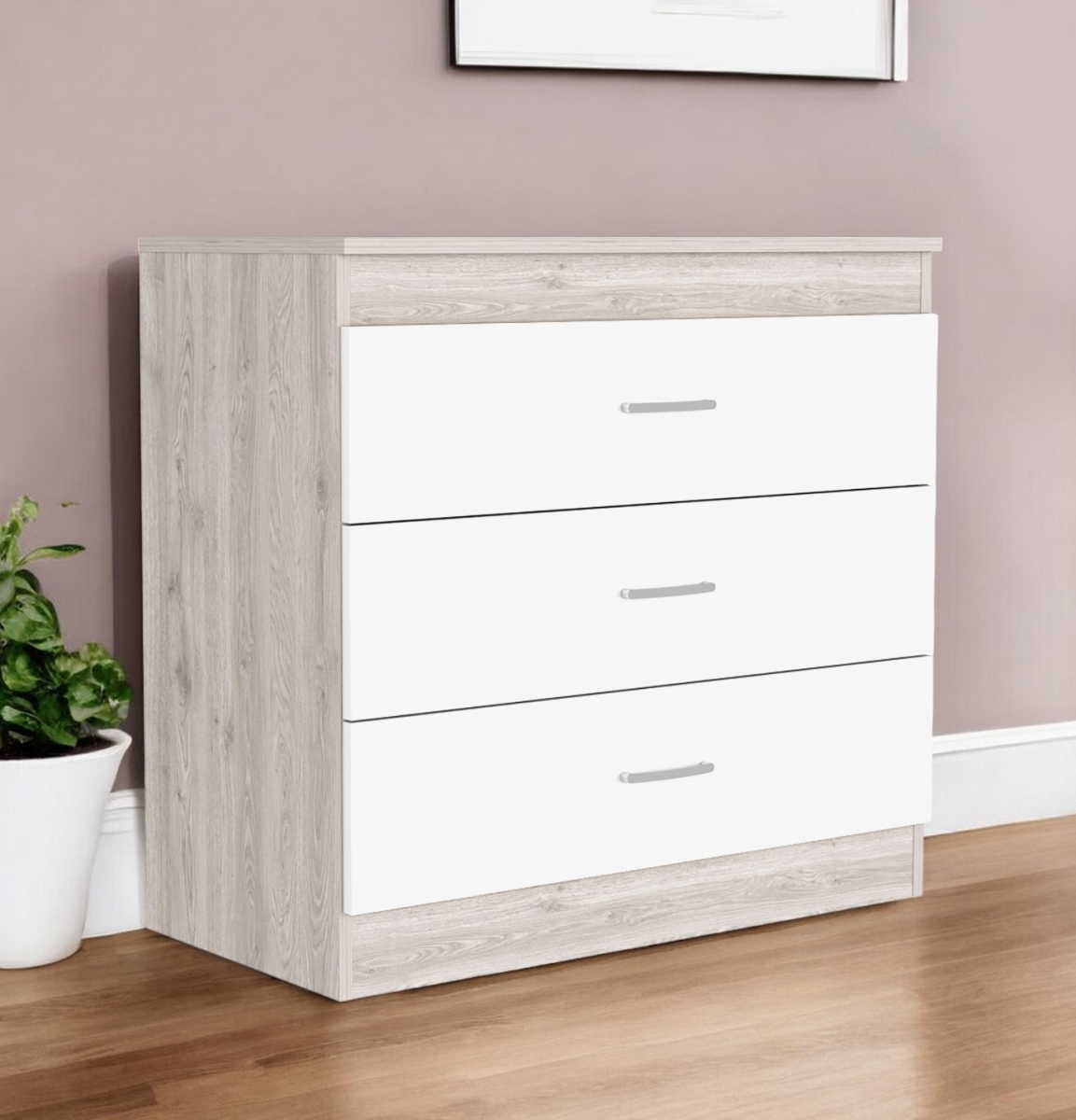544036 32 in. White & Gray Three Drawer Dresser