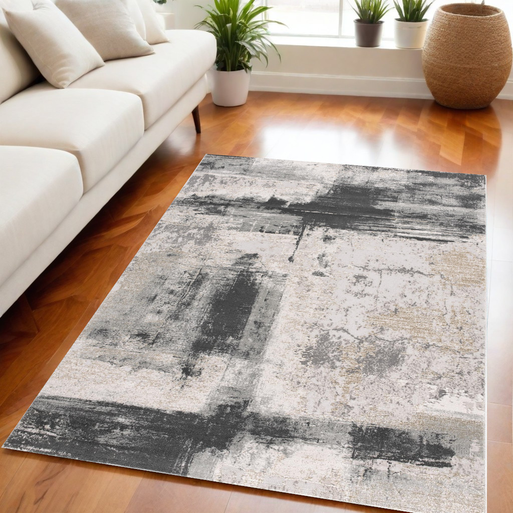 390614 5 x 7 ft. Gray & Ivory Abstract Dhurrie Rectangle Machine Woven Area Rug