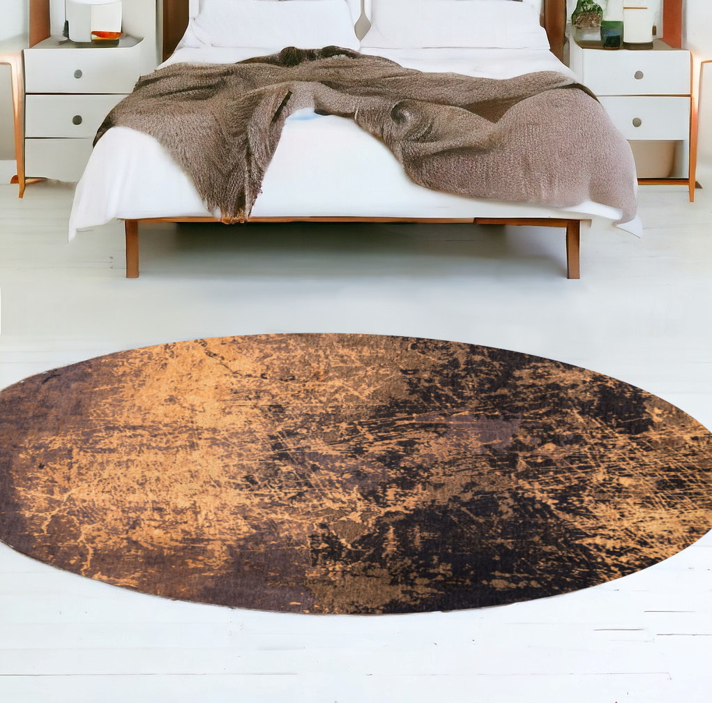 548443 8 ft. Yellow & Brown Round Abstract Non Skid Machine Woven Area Rug