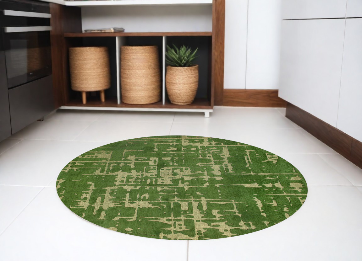 548703 8 ft. Green Round Abstract Non Skid Machine Woven Area Rug
