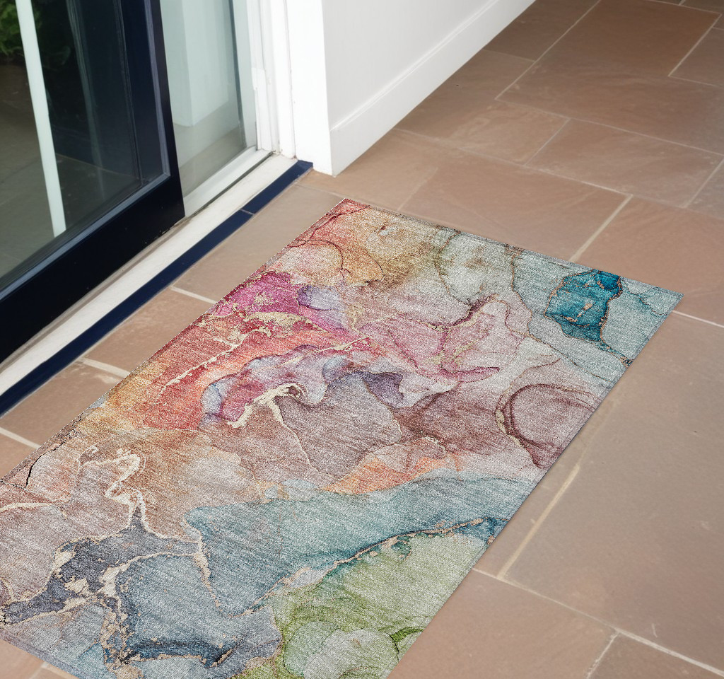 559168 2 x 3 ft. Blue Abstract Washable Non Skid Indoor Outdoor Rectangle Machine Woven Area Rug
