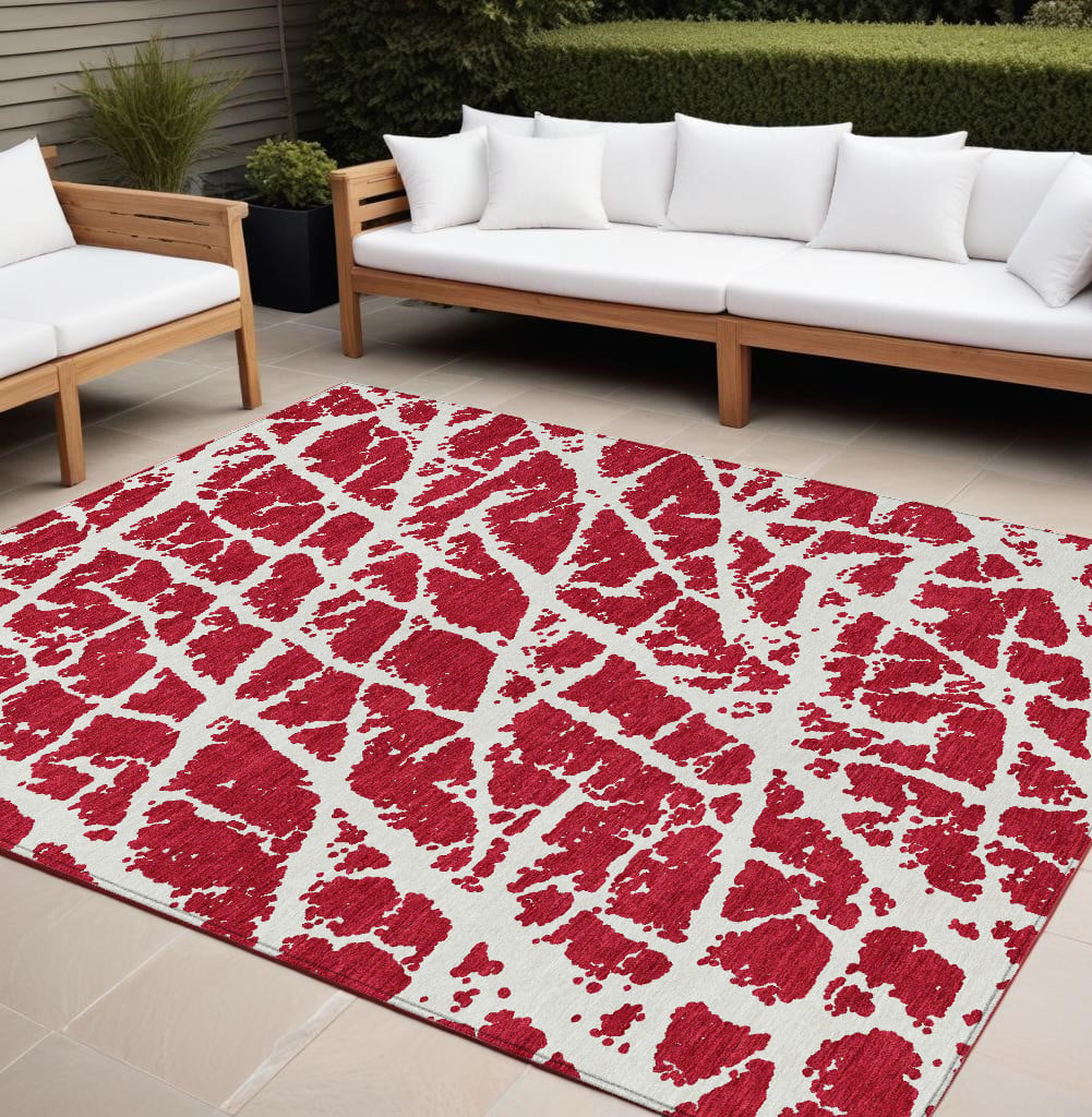 559322 8 x 10 ft. Red & White Abstract Washable Non Skid Indoor Outdoor Rectangle Machine Woven Area Rug