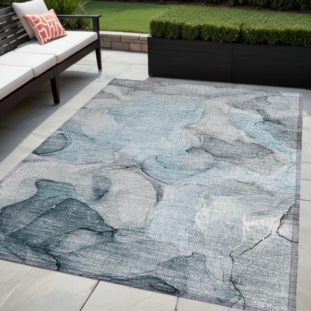 559536 5 x 8 ft. Teal Abstract Washable Non Skid Indoor Outdoor Rectangle Machine Woven Area Rug