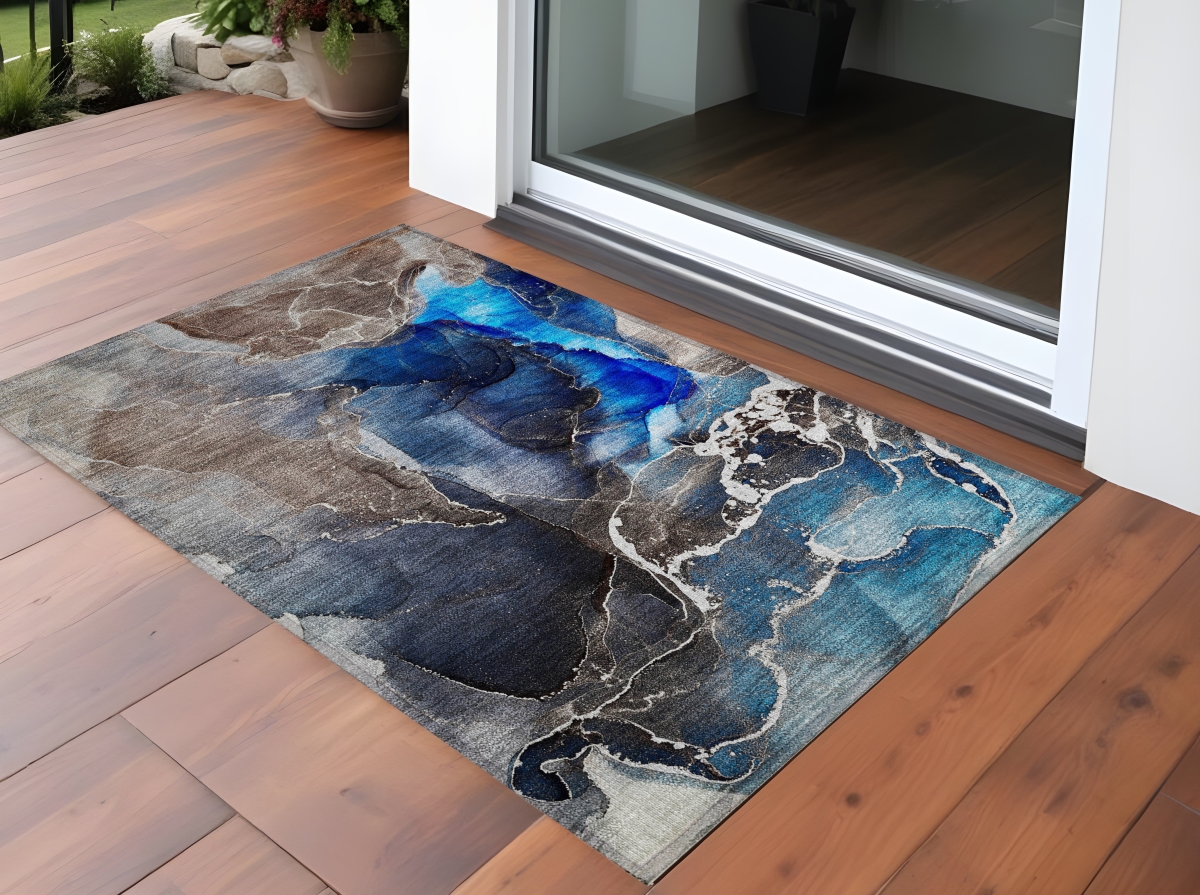 559649 2 x 3 ft. Blue Abstract Washable Non Skid Indoor Outdoor Rectangle Machine Woven Area Rug