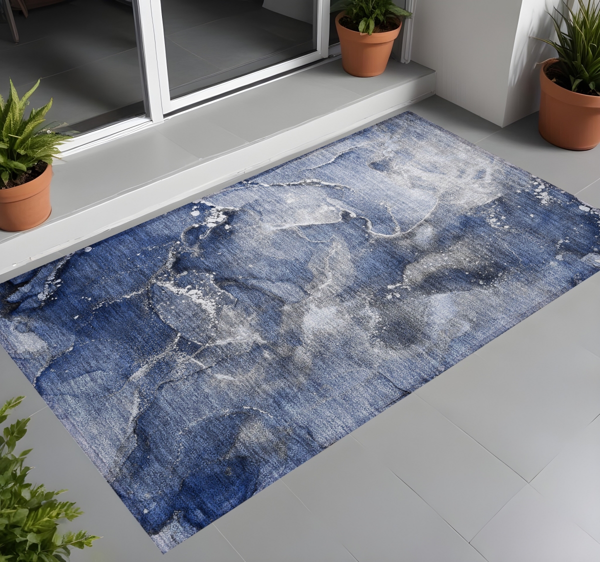 3 x 5 ft. Blue & Gray Abstract Washable Non Skid Indoor Outdoor Rectangle Machine Woven Area Rug