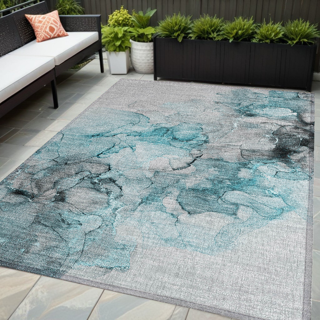 560433 5 x 8 ft. Teal Abstract Washable Non Skid Indoor Outdoor Rectangle Machine Woven Area Rug