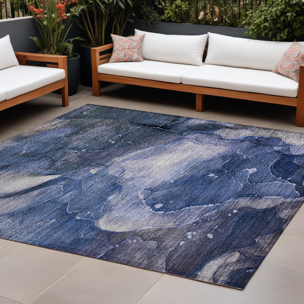 Blue Abstract Washable Area Rug - 9 x 12 ft - Stain Resistant & Non-Skid