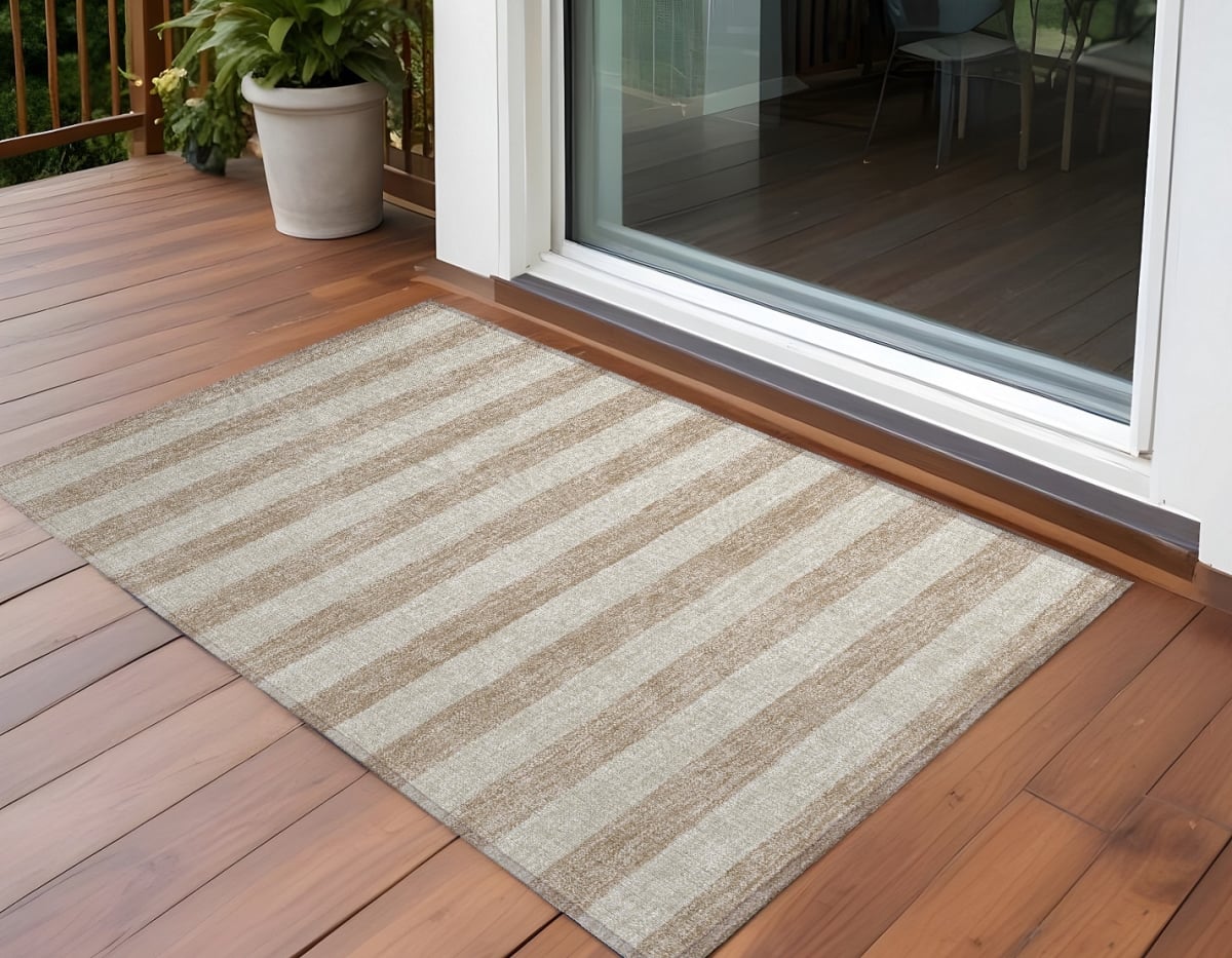 561035 3 x 5 ft. Beige Striped Washable Non Skid Indoor Outdoor Rectangle Machine Woven Area Rug