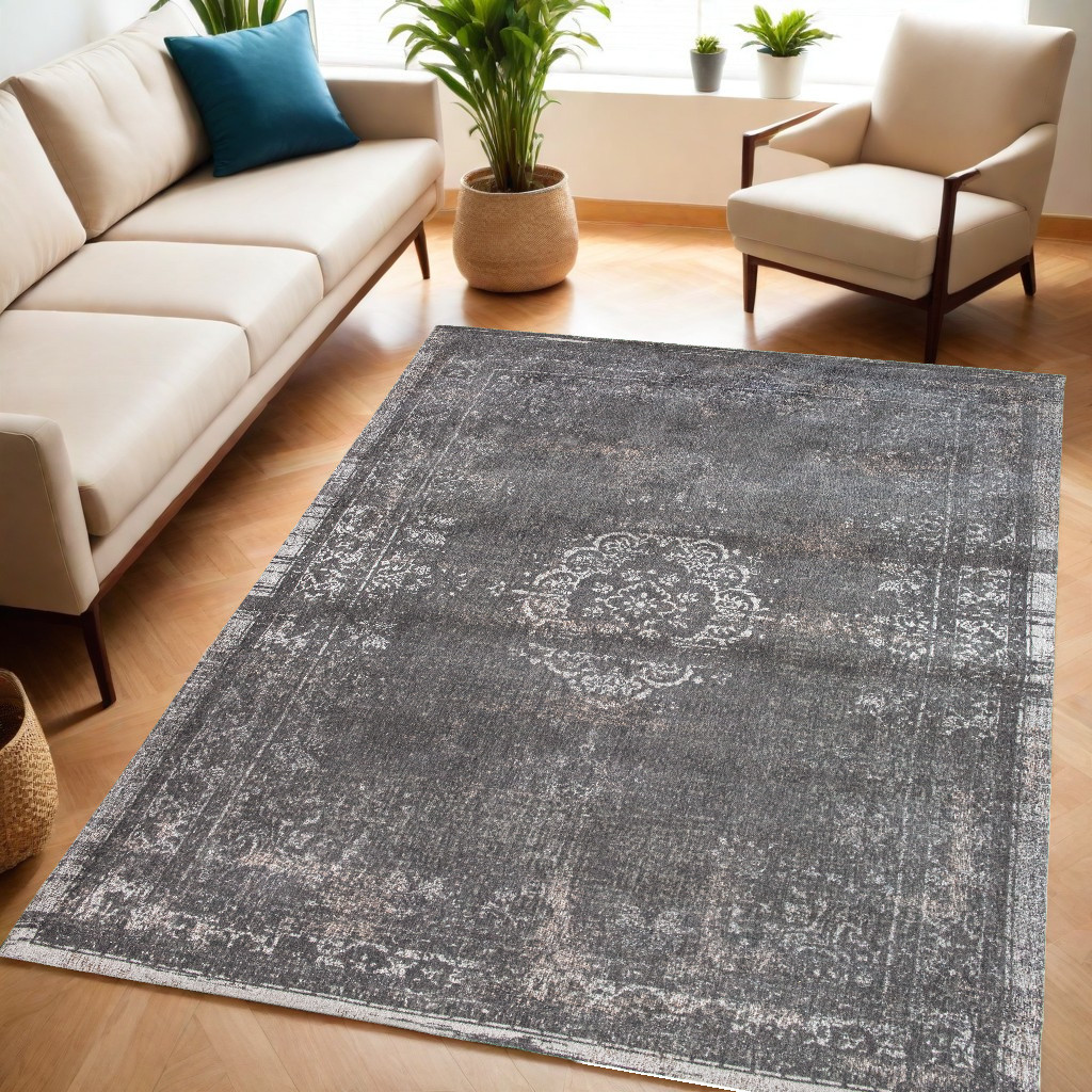 548646 5 x 7 ft. Gray Medallion Non Skid Rectangle Machine Woven Area Rug