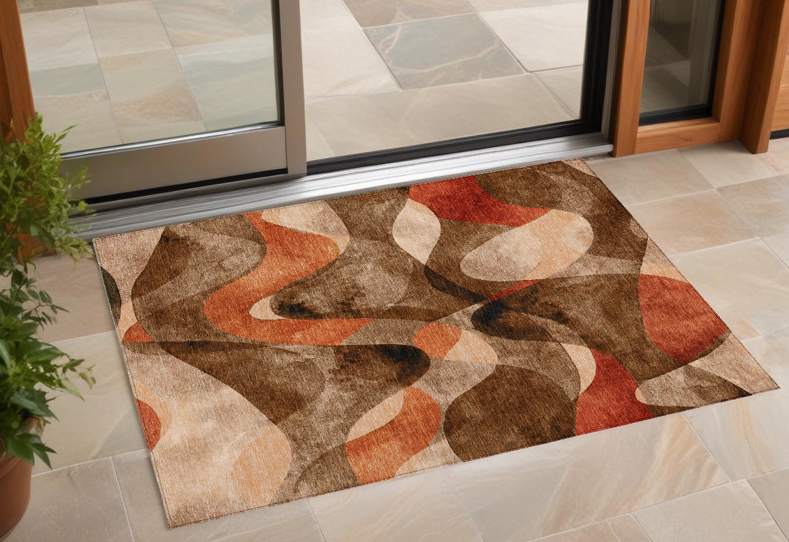 561573 3 x 5 ft. Chocolate Abstract Washable Non Skid Indoor Outdoor Rectangle Machine Woven Area Rug