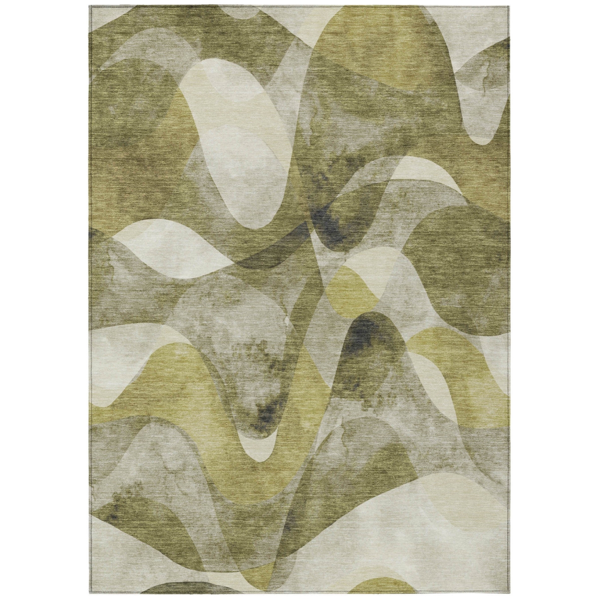 Olive Green Abstract Washable Area Rug - 3 x 5 ft - Non-Skid - Stain Resistant