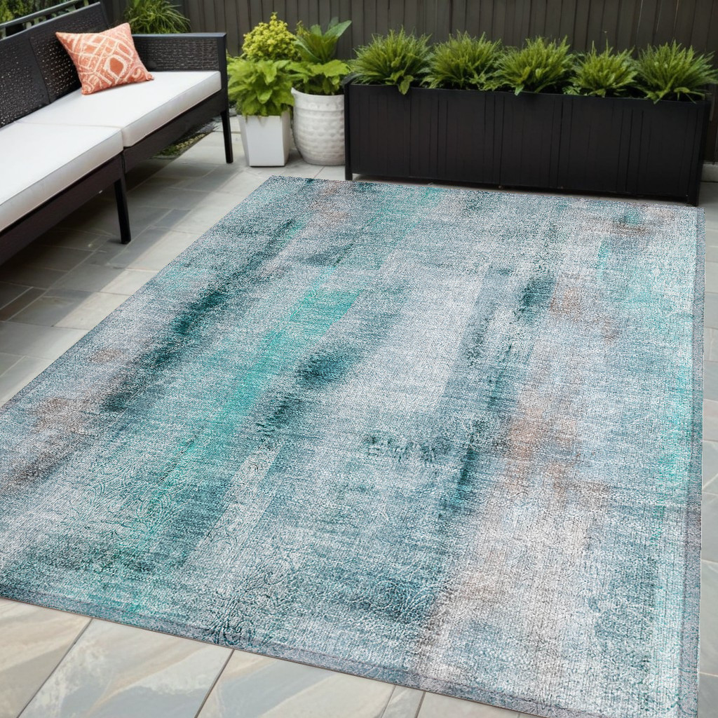 561691 5 x 8 ft. Teal Washable Non Skid Indoor Outdoor Rectangle Machine Woven Area Rug