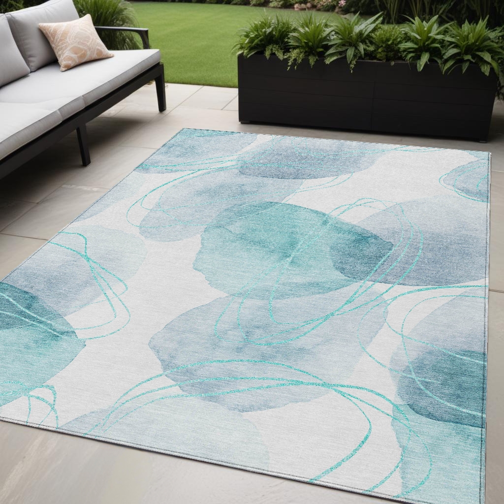 562132 5 x 8 ft. Teal & Ivory Abstract Washable Non Skid Indoor Outdoor Rectangle Machine Woven Area Rug