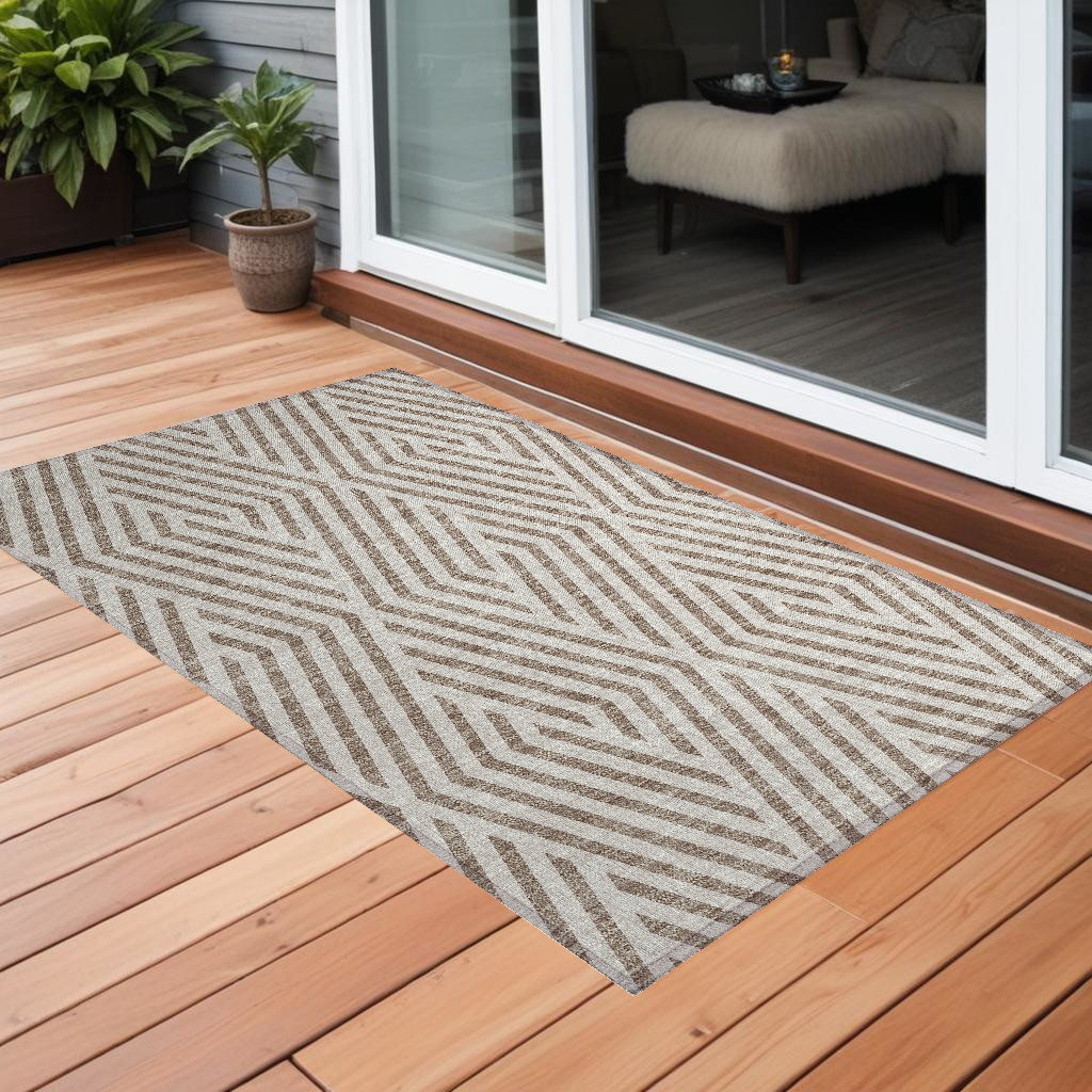 Taupe & Ivory Geometric Area Rug - 3 x 5 ft - Washable & Non-Skid