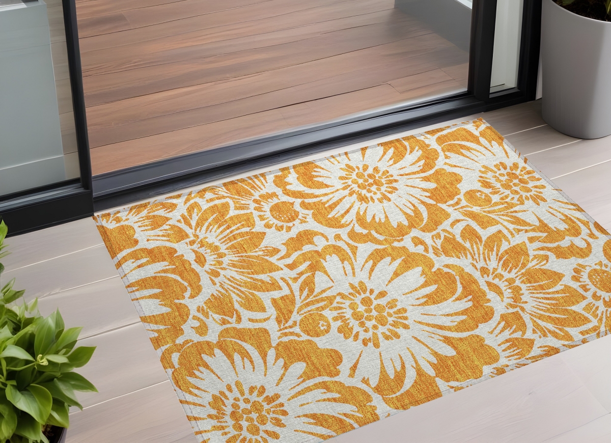 Floral Orange & White Area Rug - 2 x 3 ft. - Machine Washable - Stain Resistant