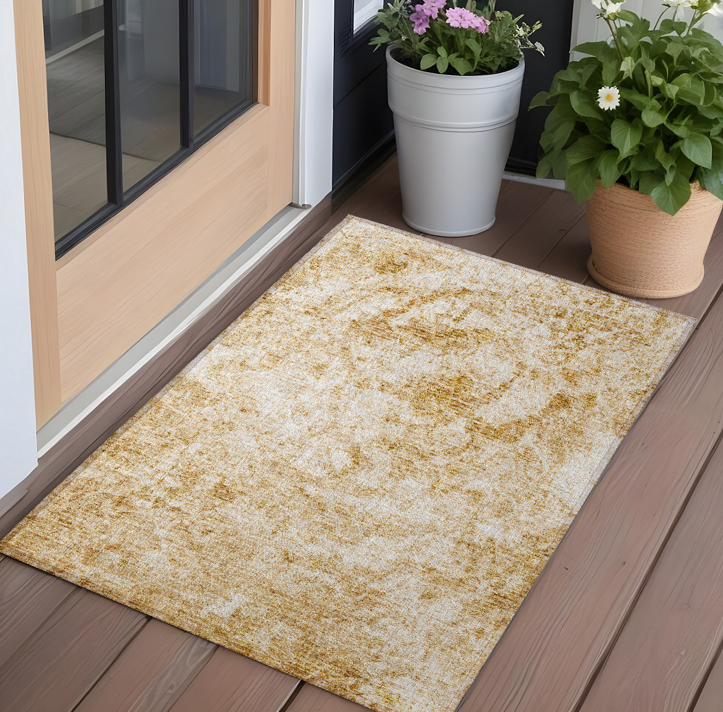 Cream & Gold Abstract Washable Area Rug - 3 x 5 ft - Non-Skid - Stain Resistant
