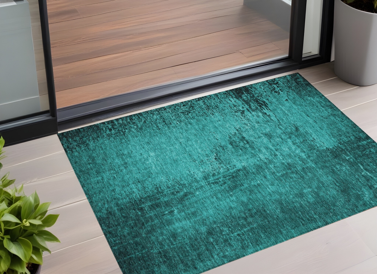 Teal Abstract Washable Non-Skid Area Rug - 3 x 5 ft - Stain Resistant