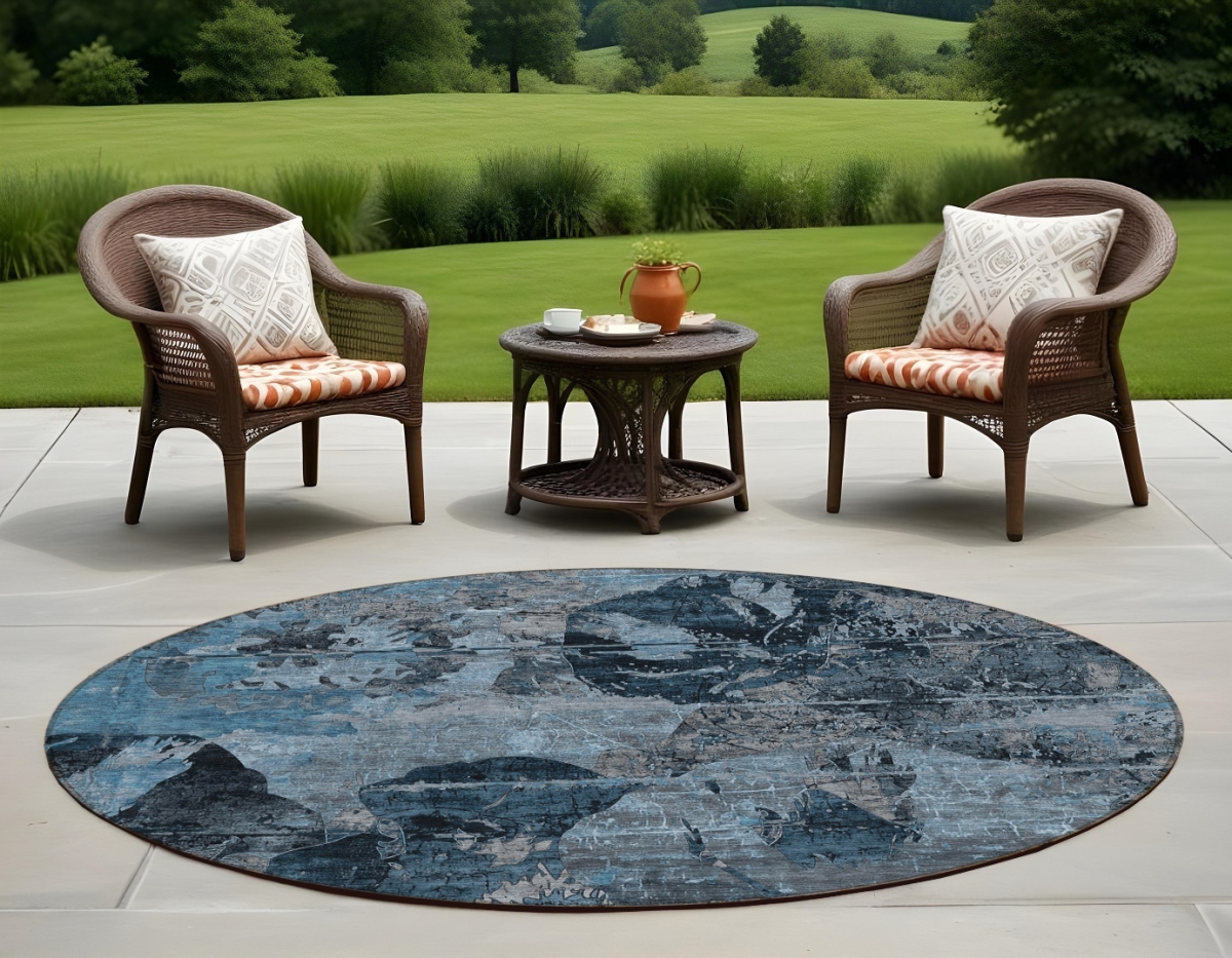 562745 8 ft. Round Blue & Dark Blue Round Floral Washable Non Skid Indoor Outdoor Machine Woven Area Rug
