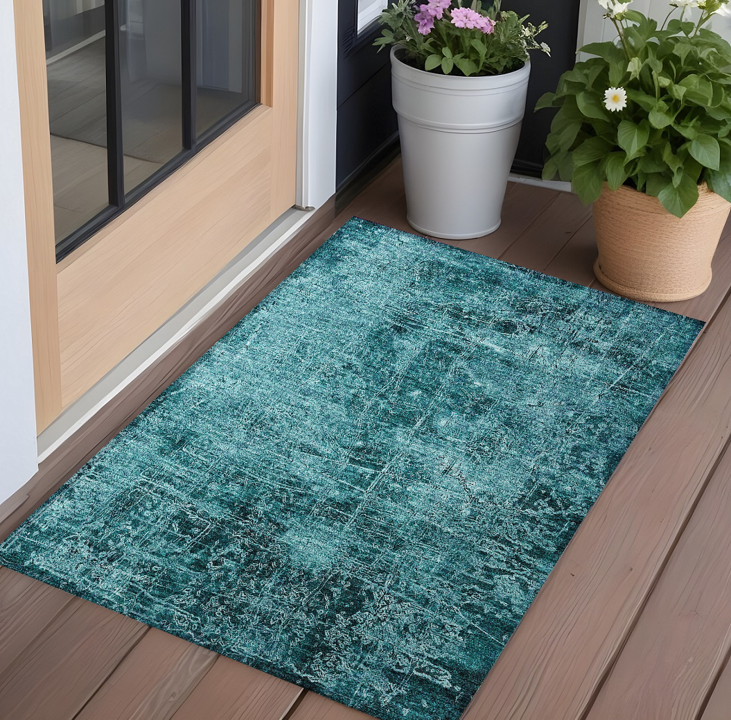 563154 3 x 5 ft. Teal Abstract Washable Non Skid Indoor Outdoor Rectangle Machine Woven Area Rug