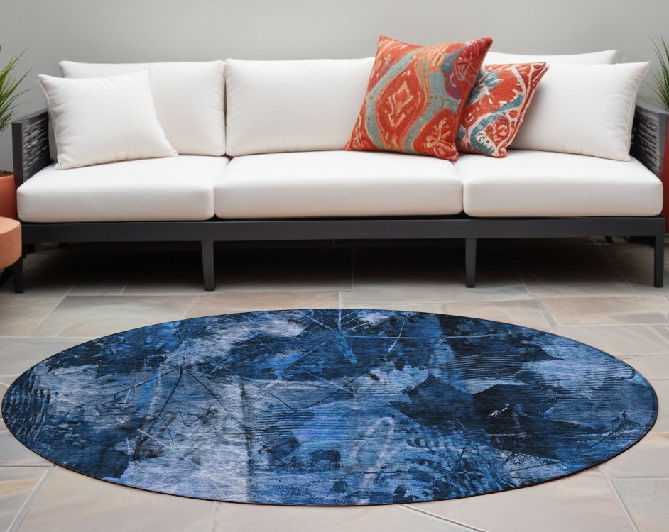 563183 8 ft. Round Navy Blue Round Floral Washable Non Skid Indoor Outdoor Machine Woven Area Rug