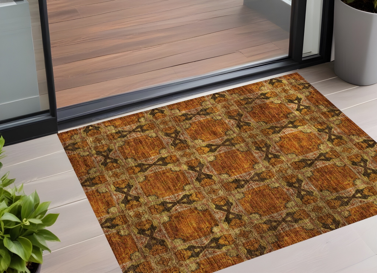 Orange & Rust Floral Medallion Area Rug - 2 x 3 ft. - Washable & Non-Skid