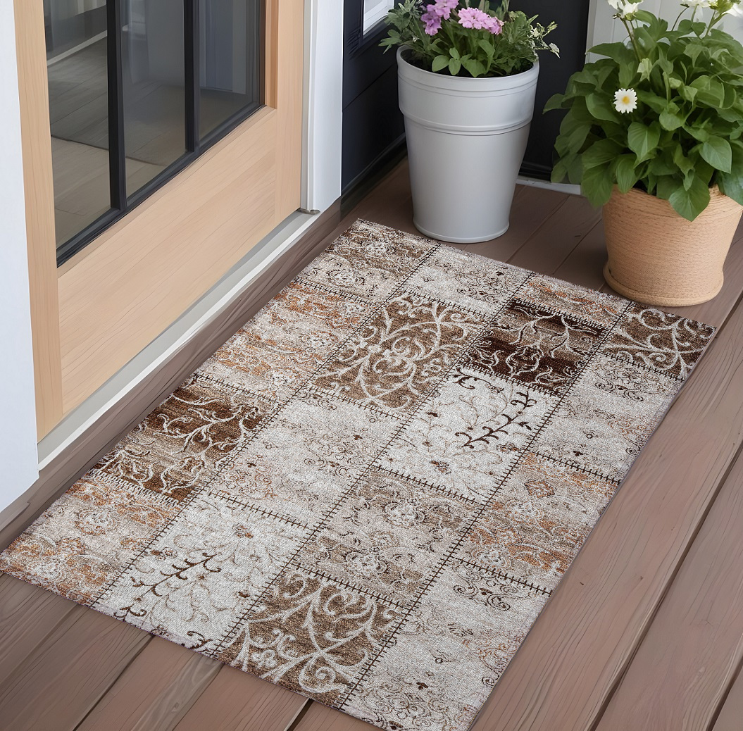 Taupe & Ivory Patchwork Area Rug - 2 x 3 ft - Washable & Non-Skid