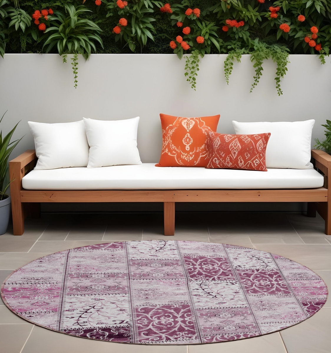563534 8 ft. Round Mountbatten Pink Round Patchwork Washable Non Skid Indoor Outdoor Machine Woven Area Rug