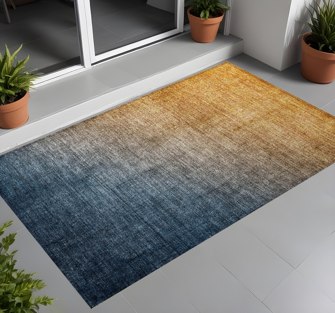 563712 3 x 5 ft. Denim & Gold Ombre Washable Non Skid Indoor Outdoor Rectangle Machine Woven Area Rug