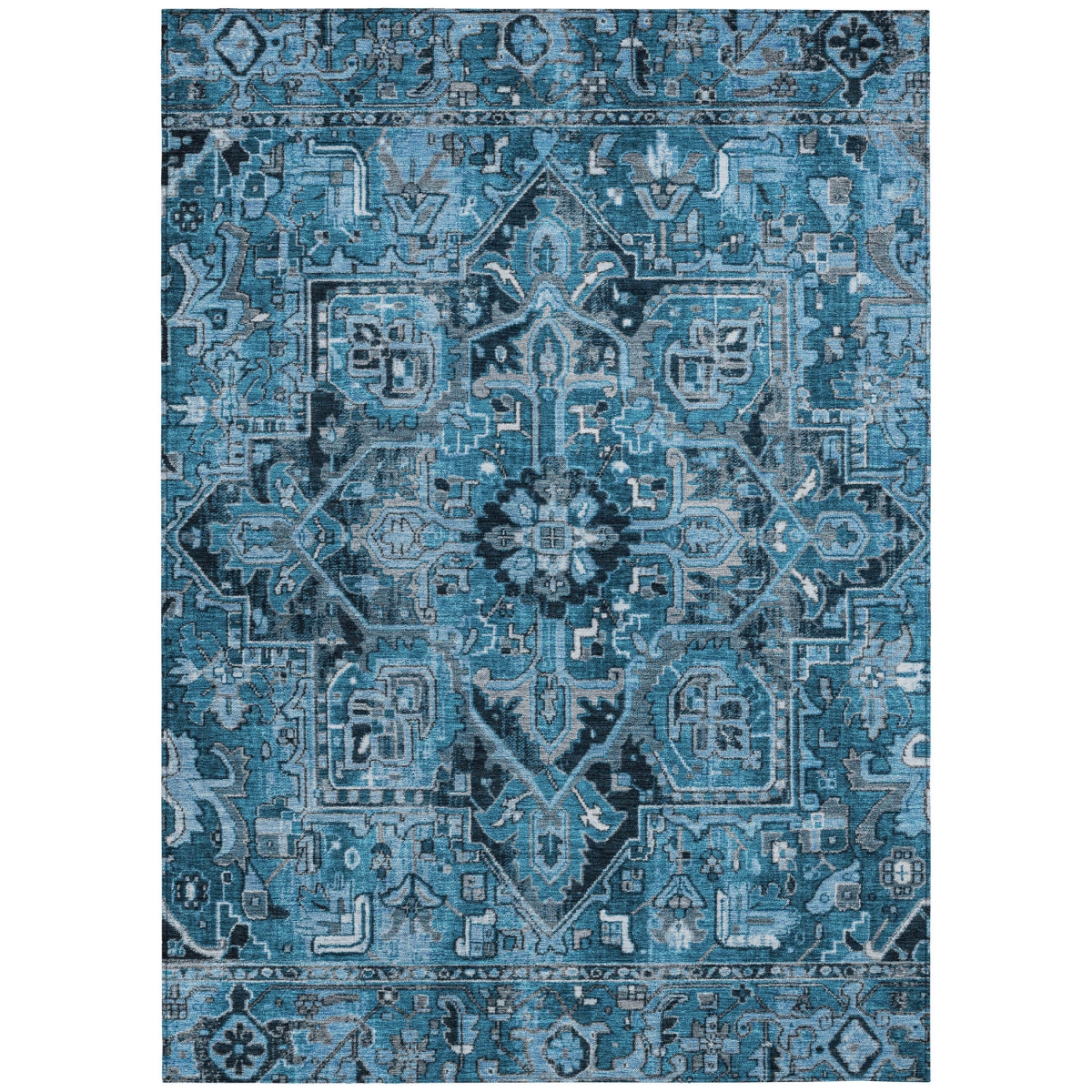 563748 3 x 5 ft. Denim & Gray Oriental Washable Non Skid Indoor Outdoor Rectangle Machine Woven Area Rug