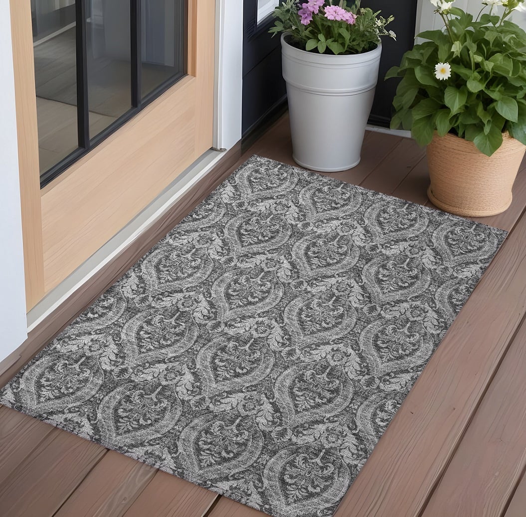 Gray Damask 3x5 ft. Washable Area Rug - Stain Resistant - Non-Skid
