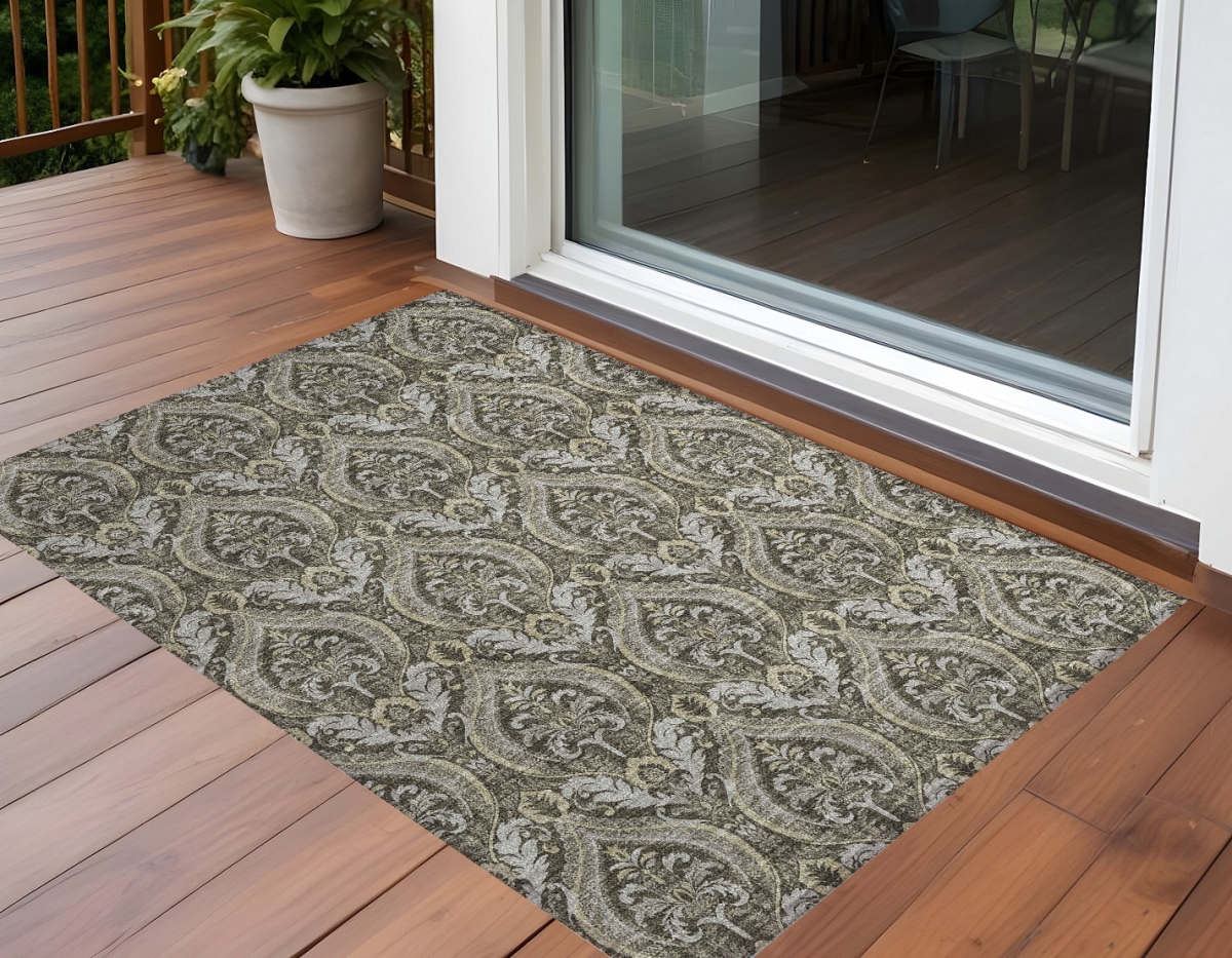 Taupe & Beige Damask Area Rug - 3 x 5 ft. - Washable & Non-Skid