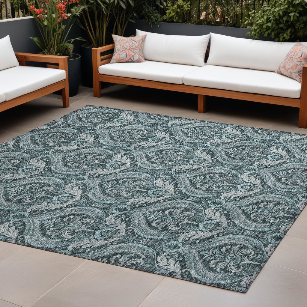 563906 10 x 14 ft. Teal Damask Washable Non Skid Indoor Outdoor Rectangle Machine Woven Area Rug