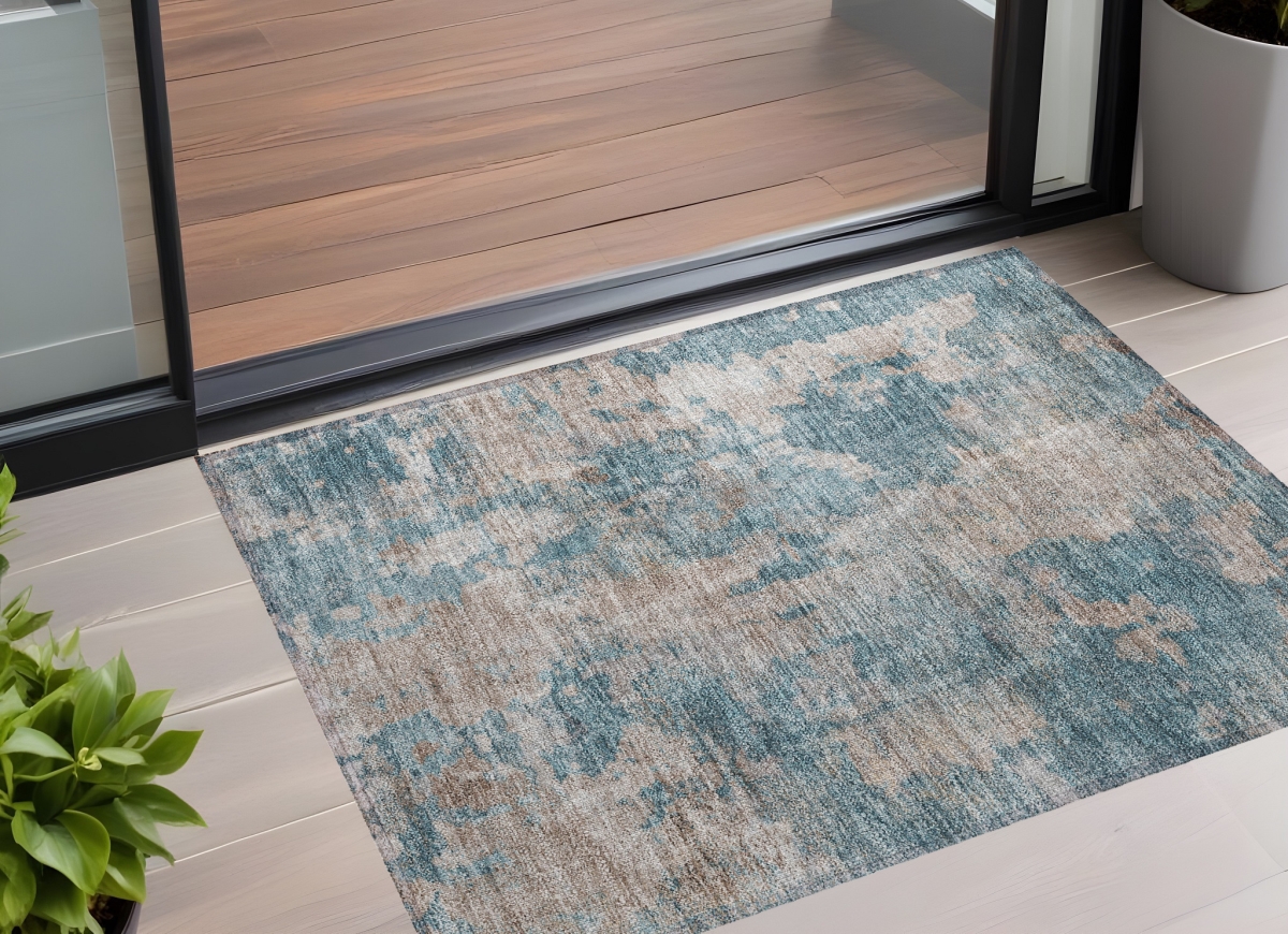 Teal & Taupe Abstract Area Rug - 3 x 5 ft - Washable & Non-Skid
